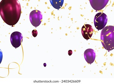 Purple balloons and confetti on white background. Vector illustration.