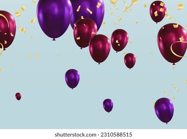 Purple balloons with golden confetti on blue background. Vector illustration.