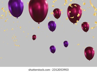 Purple balloons with golden confetti and ribbons on grey background
