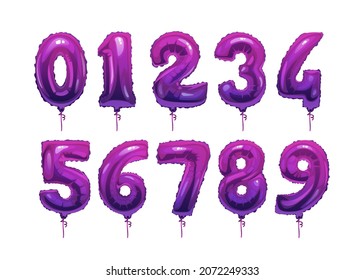 Purple balloons, holiday birthday anniversary years from 0 to 9 isolated cartoon icons. Vector 3d inflatable numbers, decoration elements, 123 ABC numbers, invitations decor 1, 2, 3, 4, 5, 6, 7, 8, 9