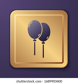 Purple Balloons with ribbon icon isolated on purple background. Happy Easter. Gold square button. Vector Illustration