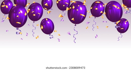 purple balloons with ribbons and gold confetti. Vector illustration