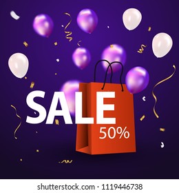 purple balloons sale vector illustration Confetti and ribbons, Celebration background template with.