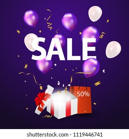 purple balloons sale vector illustration Confetti and ribbons, Celebration background template with.