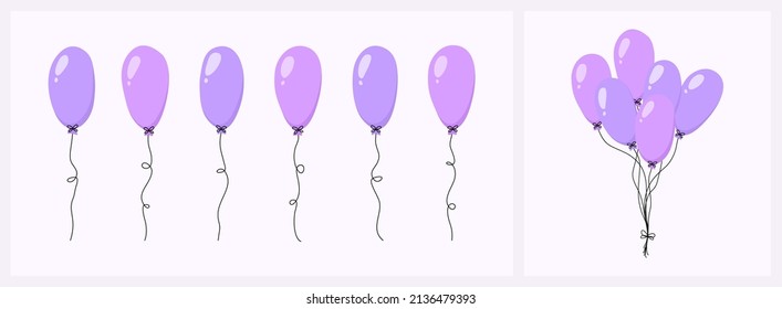 Globos púrpuras. Banda de globos. Globos en forma de ovario con cinta. Decoración de fiesta dibujada a mano. Elementos vectoriales planos