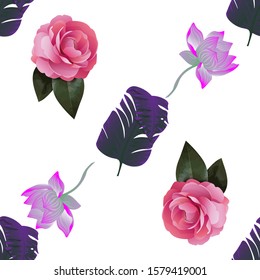 Purple Banana Leaf. Pink Balsam. Purple Lotus. Vector illustration. Seamless background pattern. Floral botanical flower. Wild leaf wildflower isolated. Exotic tropical hawaiian jungle. Fabric.