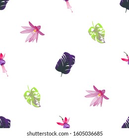 Purple Banana Leaf. Pink and Purple Fuchsia Bella. Green Monstera. Purple Hatiora. Vector illustration. Seamless background pattern. Floral botanical flower. Wild leaf wildflower isolated. Exotic.