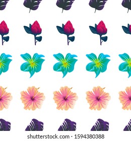 Purple Banana Leaf. Red Vriesea. Green Plumeria. Pink Hibiscus. Vector illustration. Seamless background pattern. Floral botanical flower. Wild leaf wildflower isolated. Exotic tropical hawaiian.