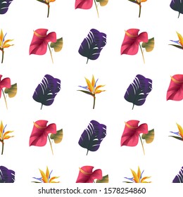 Purple Banana Leaf. Yellow bird of paradise Strelitzia. Red Calla. Vector illustration. Seamless background pattern. Floral botanical flower. Wild leaf wildflower isolated. Exotic tropical hawaiian.