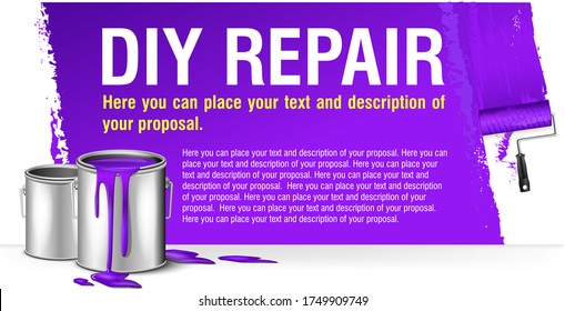purple banner for advertising diy repair with paint bank. You can place your text and description of proposal here