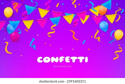 Purple banner with confetti, flags, and balloons, creating atmosphere for a happy birthday. Design perfect for birthday parties, anniversaries, or any joyful event. Not AI generated.