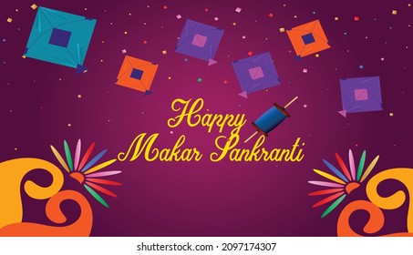 Purple banner design with flying kites for Makar Sankranti festival celebration. Vector Illustration