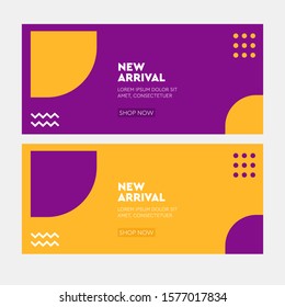 Purple banner design. Yellow poster, Gift card, Sale voucher, Header, Facebook banner.  Social media post template Vector, Illustration