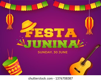 Purple banner or poster design with illustration of hat, musical instruments and lanterns for Festa Junina party celebration concept.