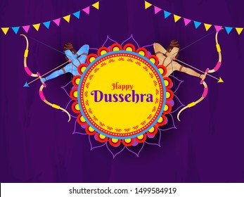 Purple banner or poster design with illustration of Hindu Mythological Lord Rama and Lakshman warrior for Happy Dussehra celebration.