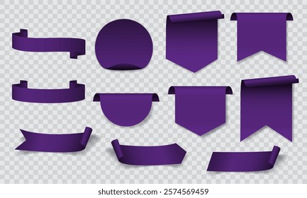 Purple banner sticker label blank set collection on grey checkered background vector illustration.