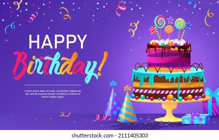 Purple banner texted happy birthday to you decorated big party cake, party cone hats, gifts, confetti, candies. Surprise, celebration poster, greeting card, colorful background. Vector illustration