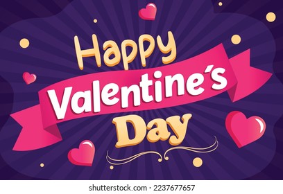 Purple banner with typographic design of happy valentine's day, hearts and ornaments.