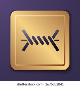 Purple Barbed wire icon isolated on purple background. Gold square button. Vector Illustration