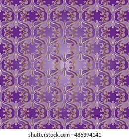 Purple Baroque damask medieval floral  vector seamless pattern background wallpaper illustration with vintage antique decorative baroque gold 3d abstract flowers, leaves, ornaments 