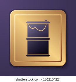 Purple Barrel oil leak icon isolated on purple background. Gold square button. Vector Illustration