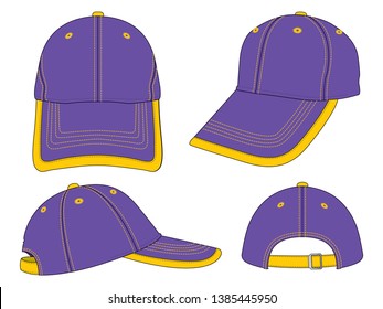 Purple Baseball Cap With Stitching Contrast Style and Yellow Binding Trim Visor, Adjustable Metal Buckle Strap Design on White Background, Vector File.