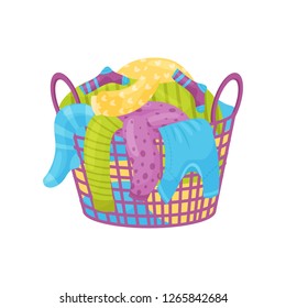 Purple basket with handles full of dirty laundry. Socks, t-shirts and sweaters for washing. Flat vector icon