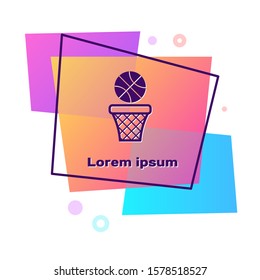 Purple Basketball ball and basket icon isolated on white background. Ball in basketball hoop. Color rectangle button. Vector Illustration
