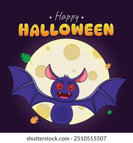 a purple Bat with a purple background with a moon and the words happy halloween