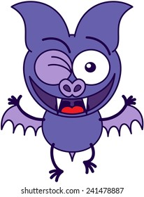 Purple bat in minimalistic style, with bulging eyes and short wings while posing, winking enthusiastically and making thumbs up hand gestures as for celebrating something