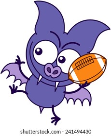 Purple bat in minimalistic style, with bulging eyes, sharp fangs and short wings while holding a foot ball and preparing to throw it