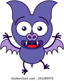 Purple bat in minimalistic style with bulging eyes, sharp fangs and short wings while widely opening its eyes and showing big surprise and fear