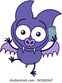 Purple bat in minimalistic style with bulging eyes, sharp fangs and short wings while talking on a smartphone in a very enthusiastic mood