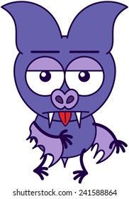 Purple bat in minimalistic style with bulging eyes, sharp fangs and short wings while showing an apathetic attitude