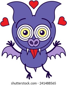 Purple bat in minimalistic style, with crazy bulging eyes, short wings and red hearts around its head while sticking its tongue out and feeling madly in love