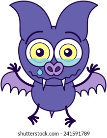 Purple bat in minimalistic style with sharp fangs, bulging eyes and short wings while feeling sad and crying bitterly