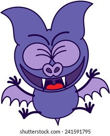Purple bat in minimalistic style with sharp fangs and short wings while clenching its bulging eyes, jumping and celebrating enthusiastically