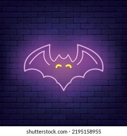 Purple bat neon icon on brick wall. vampire, nocturnal animal. Happy halloween design. Season october holiday. Shiny signboard. Editable stroke. Vector stock illustration