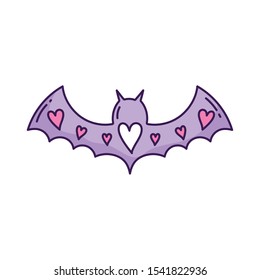 purple bat open wings with hearts love on white background vector illustration