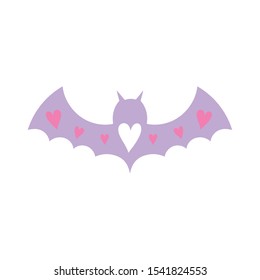 purple bat open wings with hearts love on white background vector illustration