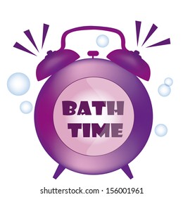 a purple bath time clock with some bubbles