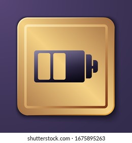 Purple Battery charge level indicator icon isolated on purple background. Gold square button. Vector Illustration