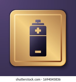 Purple Battery icon isolated on purple background. Lightning bolt symbol. Gold square button. Vector Illustration