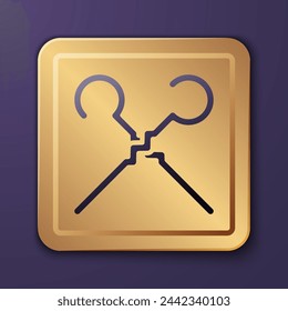 Purple BBQ skewers icon isolated on purple background. Meat kebab on skewer stick. Picnic with grilled meat. Gold square button. Vector