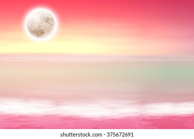 Purple beach with full moon at night. EPS10 vector.