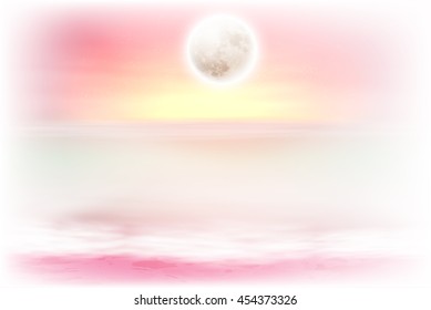 Purple beach with full moon at night. EPS10 vector.