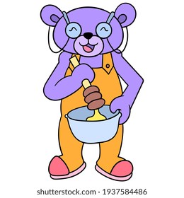 the purple bear is kneading the dough to make a cake, vector illustration art. doodle icon image kawaii.