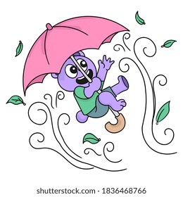 the purple bear is using an umbrella. cartoon illustration sticker emoticon
