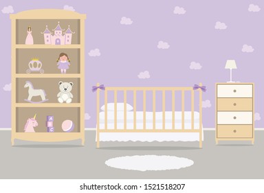 Purple Bedroom For A Baby Girl. Kid's Room For A Newborn Baby. Interior. There Is A Cot, A Wardrobe With Toys And Other Things In The Picture. Vector Illustration