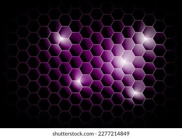 Purple bee honey shapes. Honeycomb beehive with hexagon grid cells on black background